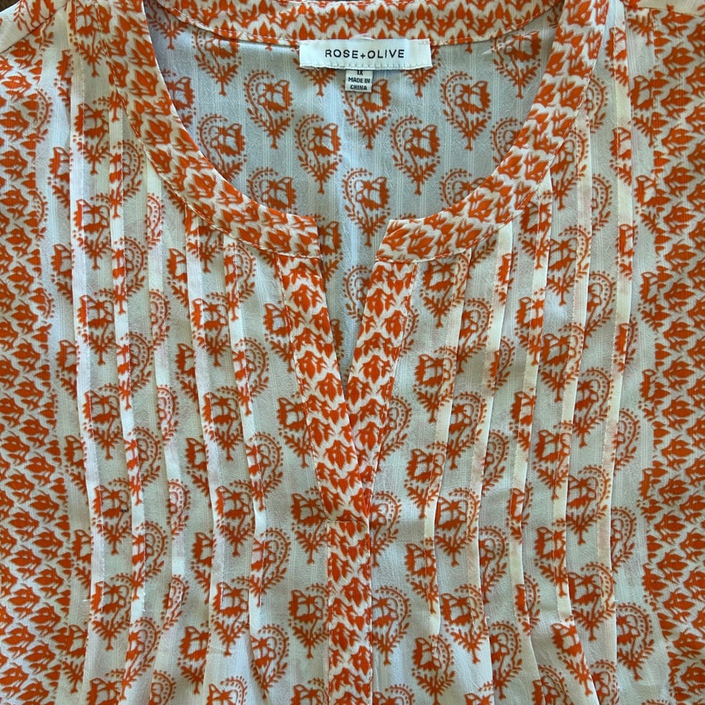 Rose + Olive Womens Orange White Paisley Pintuck Boho Tunic Blouse Top Size 1X - Picture 2 of 13